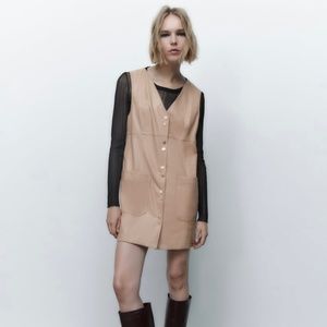 ZARA Mini Sleeveless pinafore faux leather dress with V-neckline